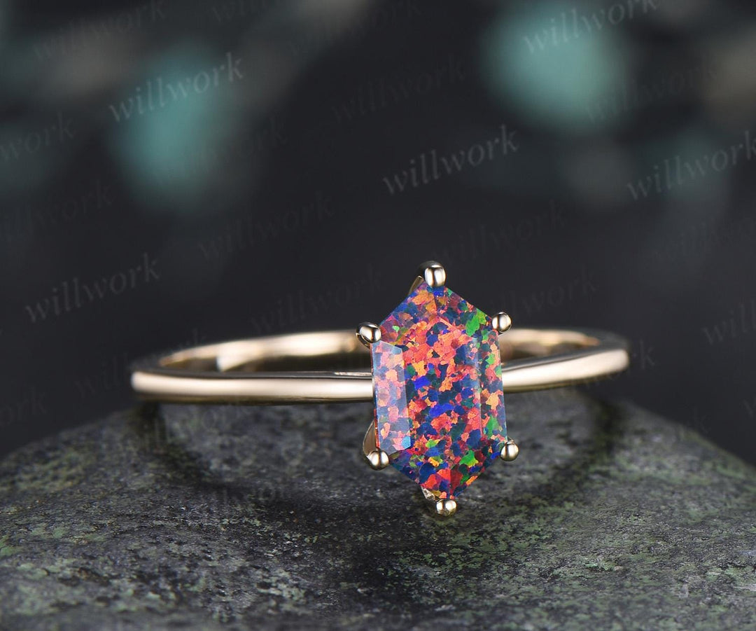 Long hexagon black opal engagement ring 14k yellow gold 6 prong minimalist solitaire promise wedding ring women gift silver