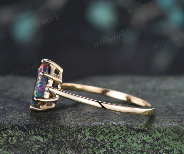 Long hexagon black opal engagement ring 14k yellow gold 6 prong minimalist solitaire promise wedding ring women gift silver