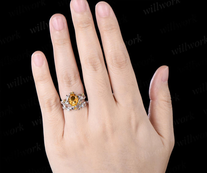 2ct oval cut yellow citrine engagement ring 14k white gold nature inspired leaf stacking wedding bridal ring set women crystal ring silver