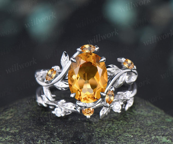 2ct oval cut yellow citrine engagement ring 14k white gold nature inspired leaf stacking wedding bridal ring set women crystal ring silver