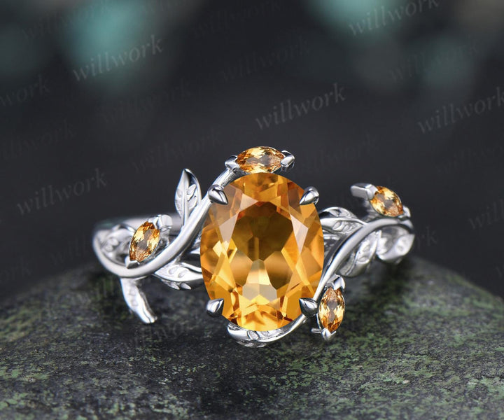 2ct oval cut yellow citrine engagement ring 14k white gold nature inspired leaf stacking wedding bridal ring set women crystal ring silver