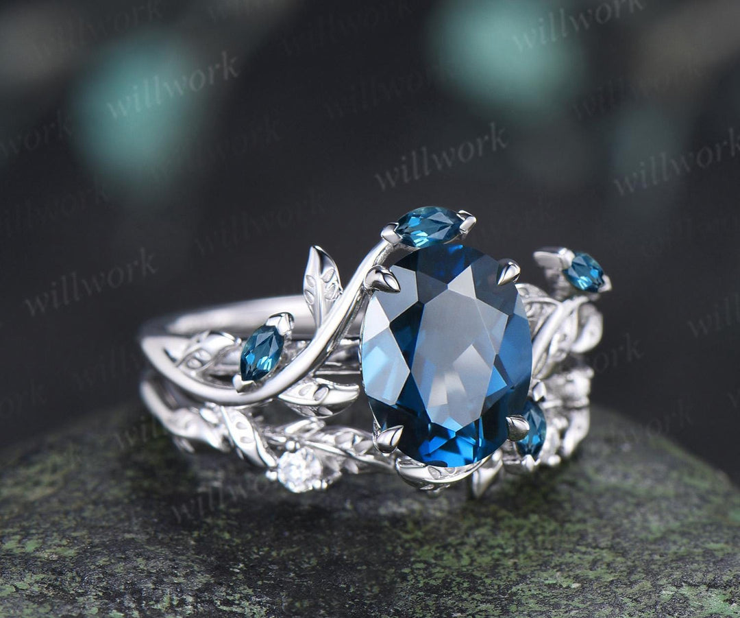 2ct oval cut London blue topaz engagement ring 14k white gold nature inspired leaf stacking wedding bridal ring set women silver
