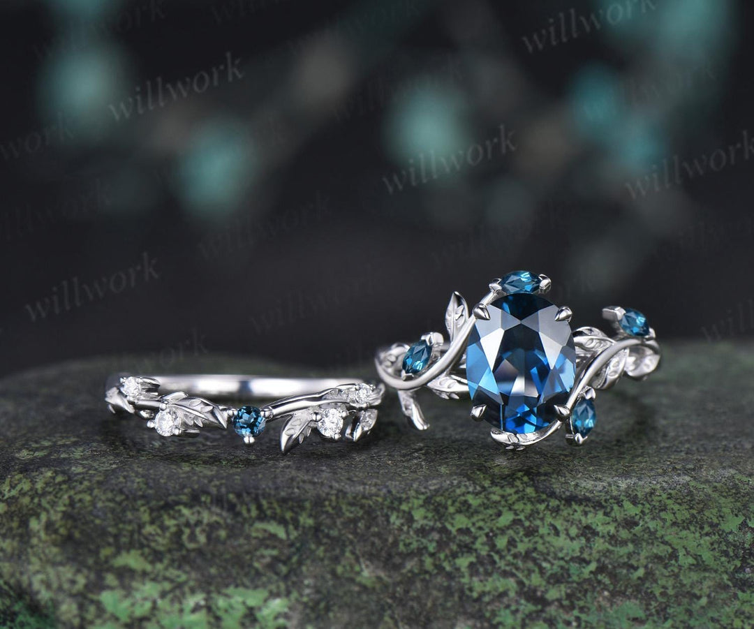 2ct oval cut London blue topaz engagement ring 14k white gold nature inspired leaf stacking wedding bridal ring set women silver