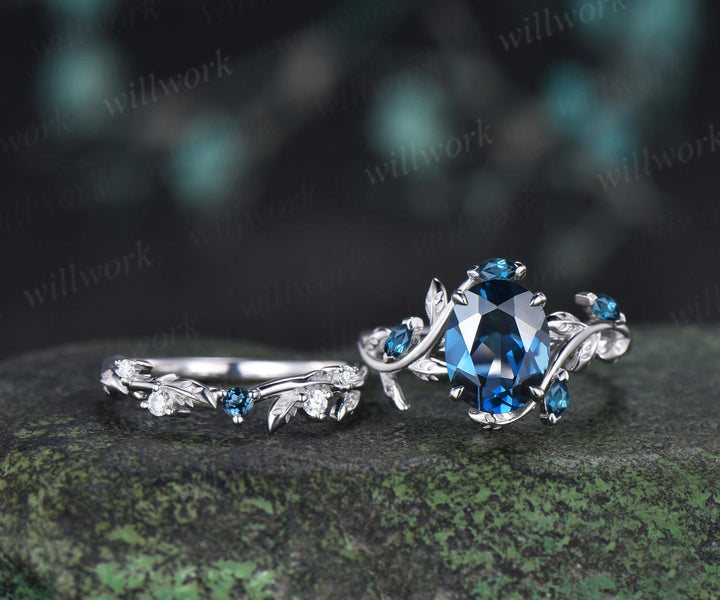 2ct oval cut London blue topaz engagement ring 14k white gold nature inspired leaf stacking wedding bridal ring set women silver