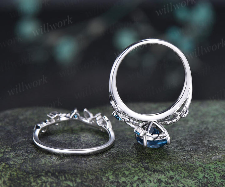 2ct oval cut London blue topaz engagement ring 14k white gold nature inspired leaf stacking wedding bridal ring set women silver
