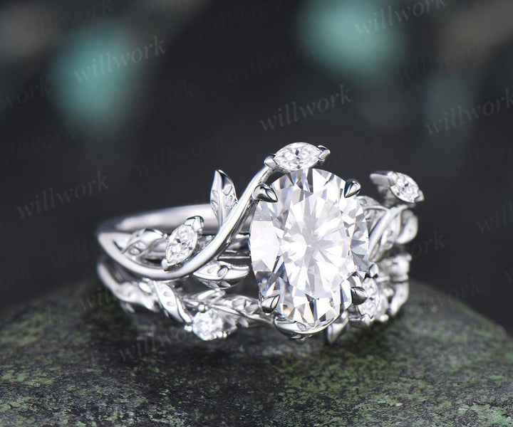 2ct oval cut moissanite engagement ring 14k white gold leaf nature inspired unique cluster diamond bridal wedding ring set women jewelry