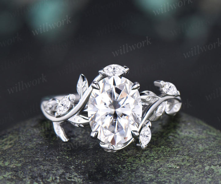 2ct oval cut moissanite engagement ring 14k white gold leaf nature inspired unique cluster diamond bridal wedding ring set women jewelry