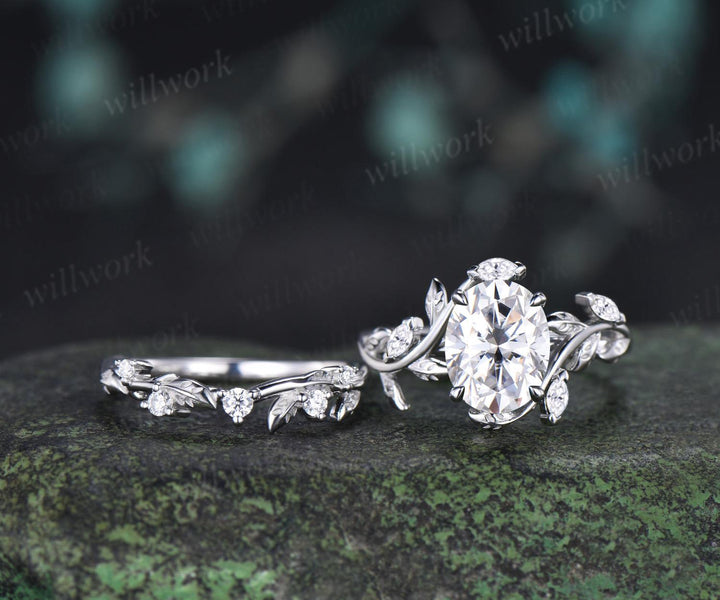 2ct oval cut moissanite engagement ring 14k white gold leaf nature inspired unique cluster diamond bridal wedding ring set women jewelry