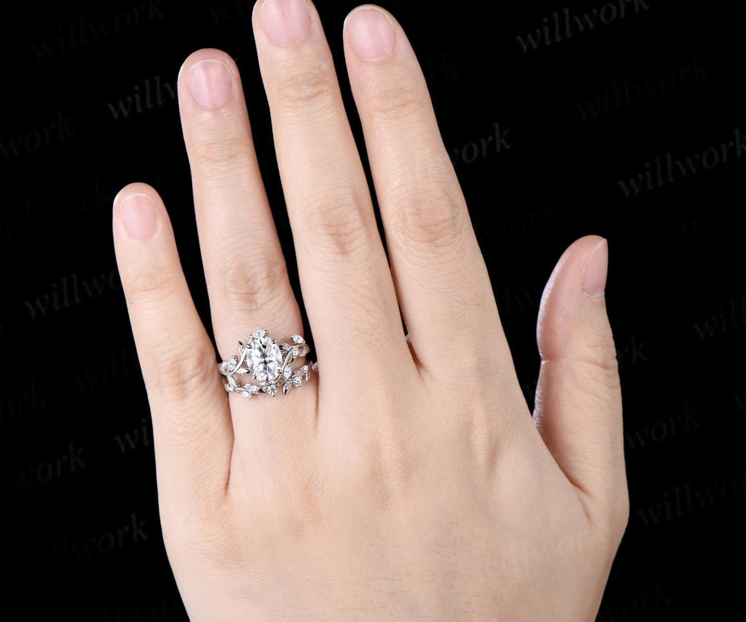 2ct oval cut moissanite engagement ring 14k white gold leaf nature inspired unique cluster diamond bridal wedding ring set women jewelry