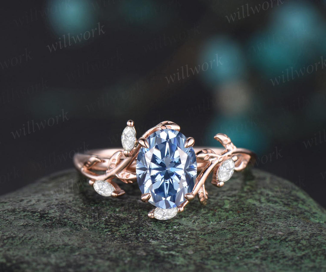 Oval cut blue moissanite engagement ring 14k rose gold leaf nature inspired women unique cluster diamond bridal wedding ring set jewelry