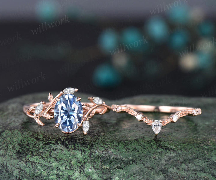 Oval cut blue moissanite engagement ring 14k rose gold leaf nature inspired women unique cluster diamond bridal wedding ring set jewelry