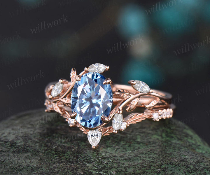 Oval cut blue moissanite engagement ring 14k rose gold leaf nature inspired women unique cluster diamond bridal wedding ring set jewelry
