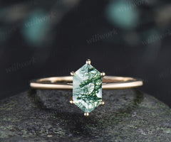 Long hexagon green moss agate engagement ring 14k yellow gold 6 prong minimalist solitaire promise wedding ring women gift silver