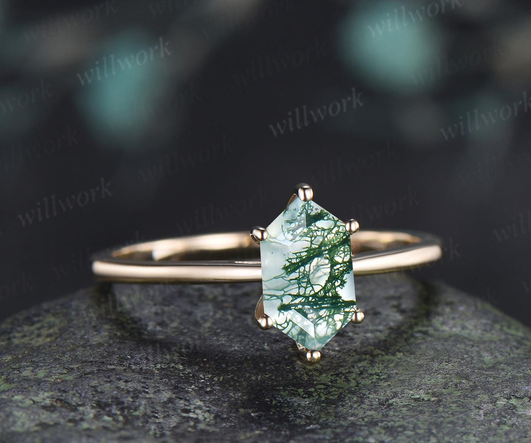 Long hexagon green moss agate engagement ring 14k yellow gold 6 prong minimalist solitaire promise wedding ring women gift silver