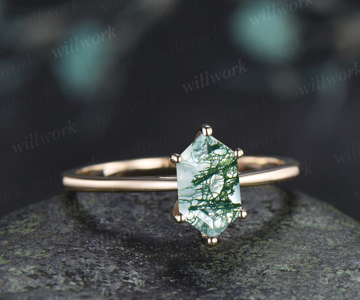 Long hexagon green moss agate engagement ring 14k yellow gold 6 prong minimalist solitaire promise wedding ring women gift silver