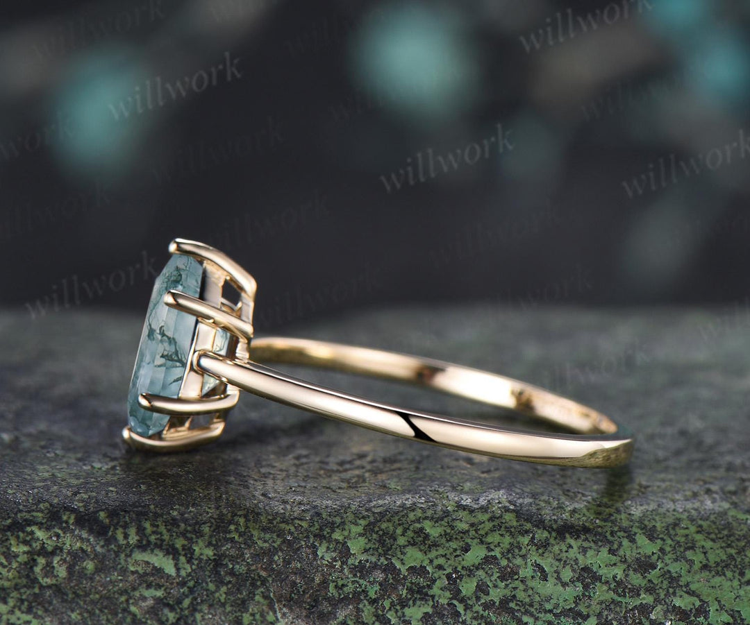 Long hexagon green moss agate engagement ring 14k yellow gold 6 prong minimalist solitaire promise wedding ring women gift silver