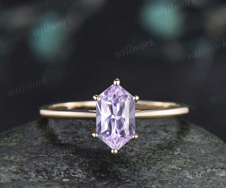 Long hexagon cut Lavender sapphire engagement ring 14k yellow gold 6 prong minimalist solitaire promise wedding ring women gift silver