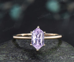 Long hexagon cut Lavender sapphire engagement ring 14k yellow gold 6 prong minimalist solitaire promise wedding ring women gift silver