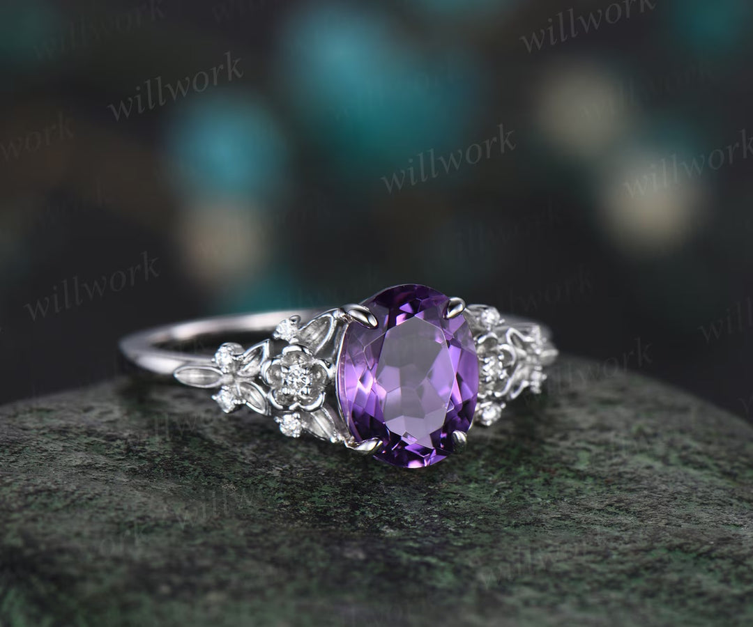 Vintage oval purple Amethyst engagement ring set 14k rose gold leaf floral nature inspired diamond ring unique promise wedding ring women