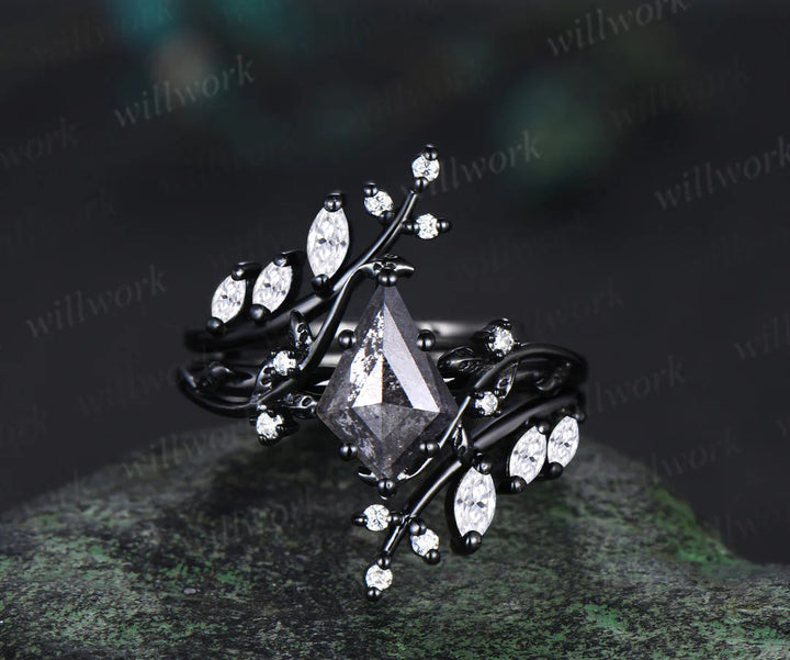 Kite Natural Salt & Pepper Diamond Ring Set Unique Leaf Vine Moissanite Accent Ring Enhancer Band Black Gold Bridal Set