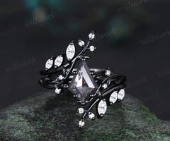 Kite Natural Salt & Pepper Diamond Ring Set Unique Leaf Vine Moissanite Accent Ring Enhancer Band Black Gold Bridal Set