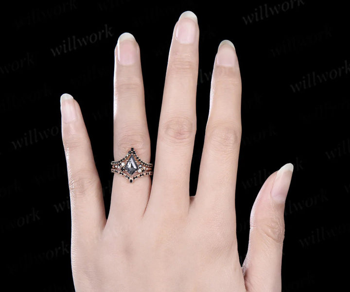 Unique kite cut salt and pepper diamond engagement ring rose gold snowdrift black diamond stacking wedding ring set women