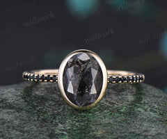 Oval Cut Bezel Natural Salt and Pepper Diamond Engagement Ring Unique Black Diamond Spinel Half Eternity Promise Ring