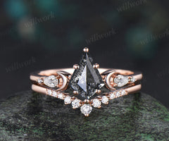 Unique kite cut salt and pepper diamond engagement ring set women 6 prong diamond accented moon bridal ring set