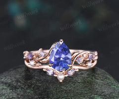 Pear tanzanite engagement ring set leaf pearl 14k rose gold wedding ring set jewelry