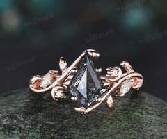 Kite cut salt and pepper diamond ring moon leaf nature inspired engagement ring diamond moissanite accented wedding ring women