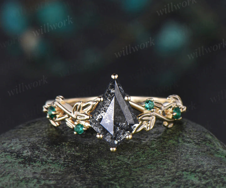 7x10mm Kite Cut Salt and Pepper Diamond Engagement Ring Emerald Leaf Twig Promise Ring Gifts for Her