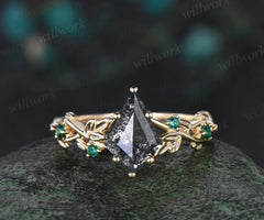 7x10mm Kite Cut Salt and Pepper Diamond Engagement Ring Emerald Leaf Twig Promise Ring Gifts for Her