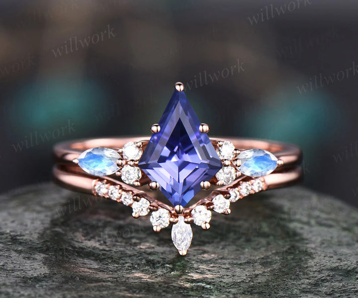 Vintage Kite Tanzanite Engagement Ring Set Art Deco Marquise Cut Moonstone Accent Ring Moissanite Wedding Band Bridal Set
