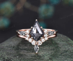 Kite cut salt and pepper diamond engagement ring set black rutilated quartz moissanite ring unique bridal set