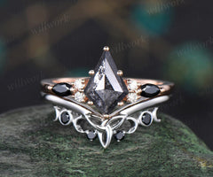 Kite Cut Salt and Pepper Diamond Engagement Ring Set Vintage Celtic Knot Black Spinel Band Unique Bridal Set