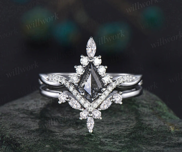Vintage kite cut salt and pepper diamond engagement ring set twisted infinity diamond wedding bridal ring set women gifts