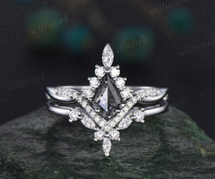 Vintage kite cut salt and pepper diamond engagement ring set twisted infinity diamond wedding bridal ring set women gifts