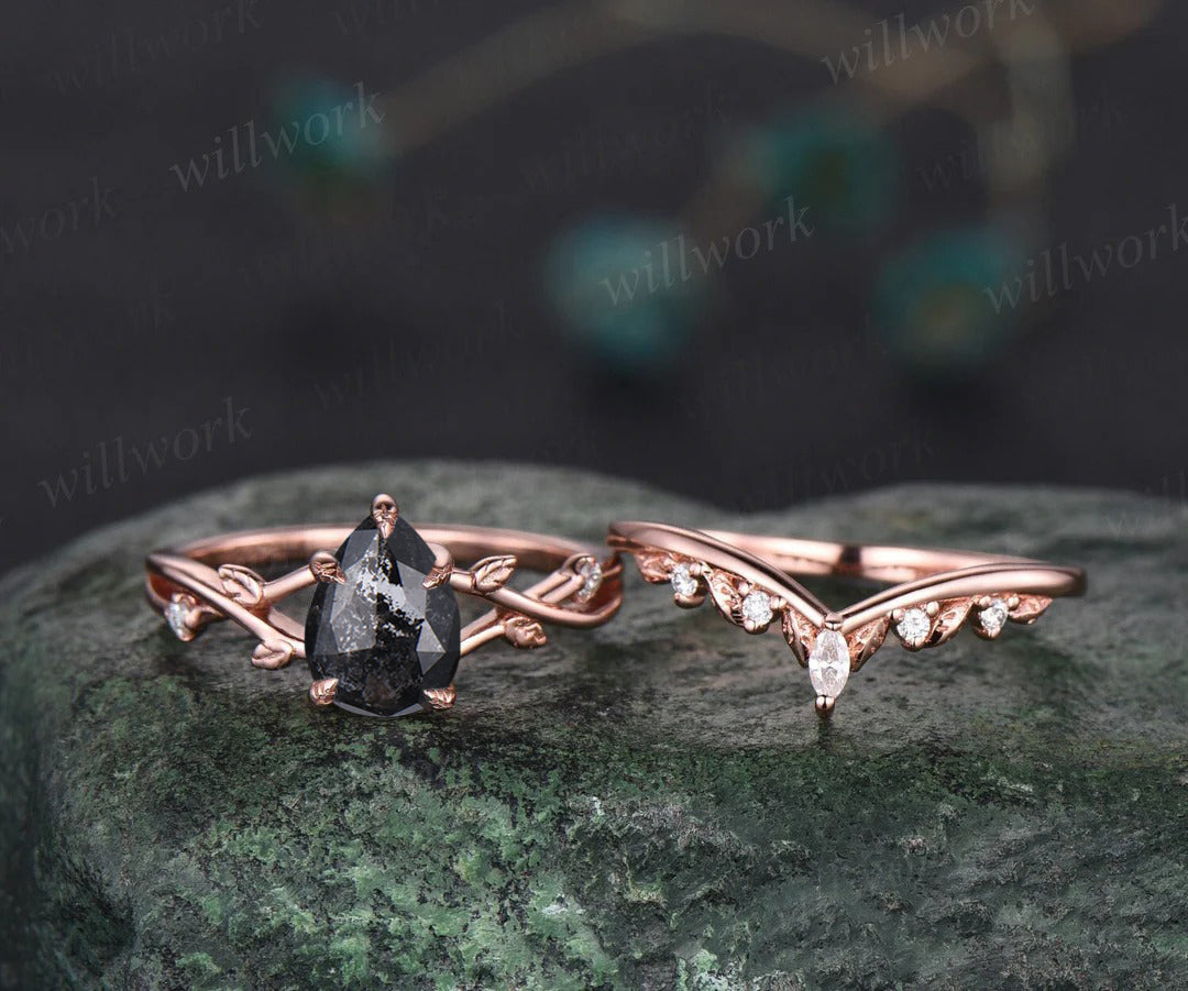 Nature Inspired Pear Salt and Pepper Diamond Engagement Ring Twised Twig Leaf Unique Diamond Bridal Wedding Ring Set Women Gift