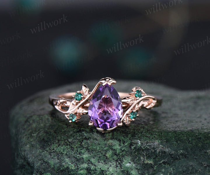 Vintage pear shaped amethyst engagement ring nature inspired leaf emerald white gold wedding band enhancer twisted bridal ring set women
