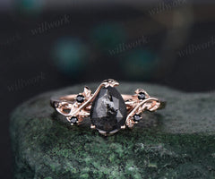 Pear salt and pepper diamond engagement ring vintage five stone black diamond accented ring twig leaf unique promise ring women