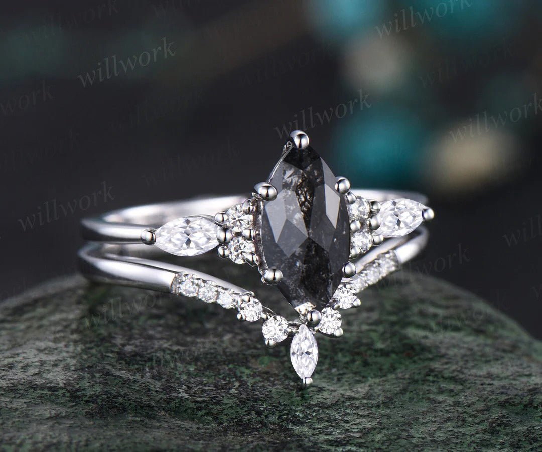 Unique marquise cut salt and pepper diamond engagement ring set seven stone moissanite accent promise ring bridal set