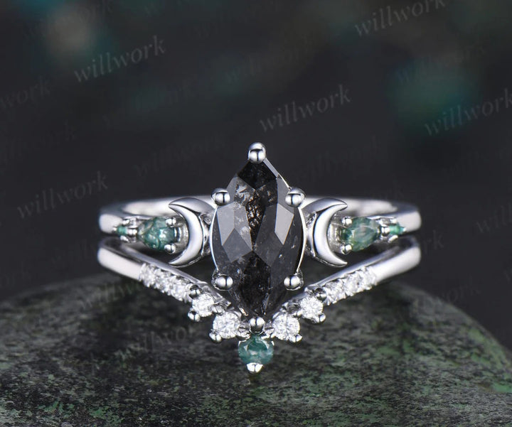 Unique Marquise Salt & Pepper Diamond Ring Set Moon Deco Moss Agate Emerald Accent Promise Ring Curved Band Bridal Set
