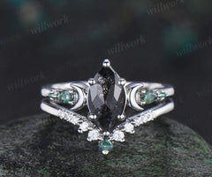Unique Marquise Salt & Pepper Diamond Ring Set Moon Deco Moss Agate Emerald Accent Promise Ring Curved Band Bridal Set