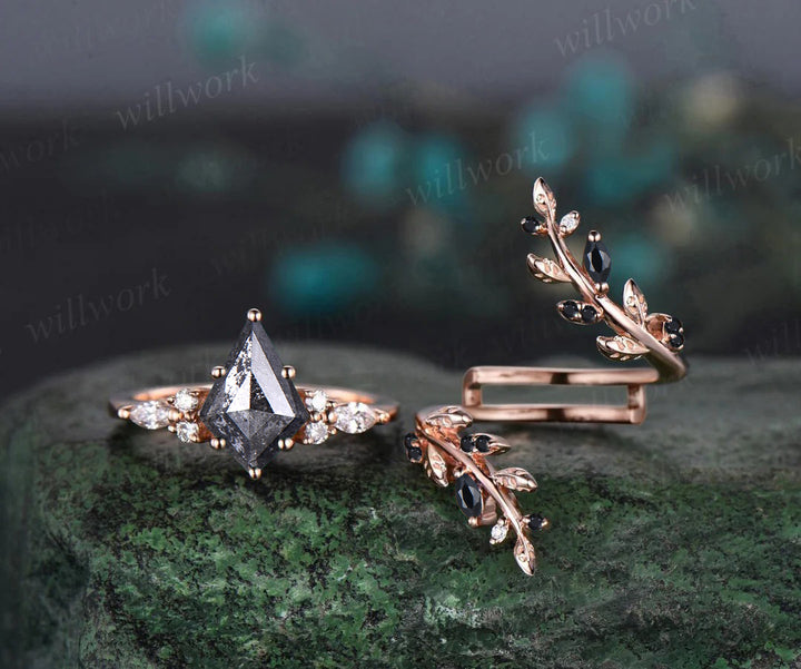 Kite Cut Salt & Pepper Diamond Engagement Ring Leaf Vine Moissanite Accent Ring Black Spinel Twig Enhancer Band Nature Inspired Bridal Set