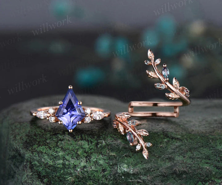 Kite Cut Tanzanite Engagement Ring Set Leaf Vine Alexandrite Diamond Wedding Band Enhancer Unique Wedding Bridal Set