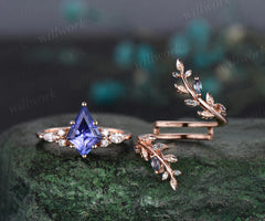 Kite Cut Tanzanite Engagement Ring Set Leaf Vine Alexandrite Diamond Wedding Band Enhancer Unique Wedding Bridal Set