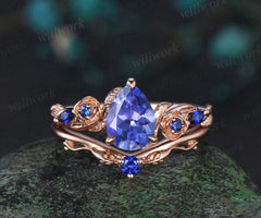 Pear natural Tanzanite engagement ring set rose gold sapphire leaf floral flower bridal ring set women
