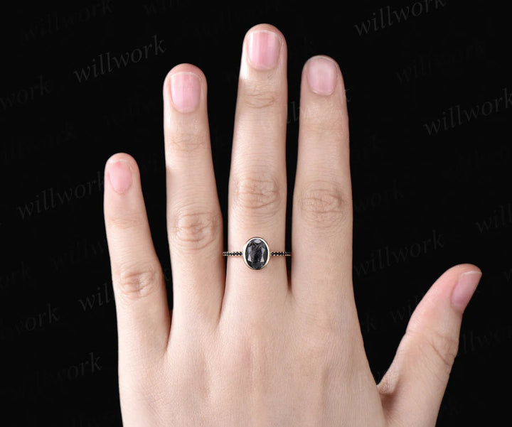 Oval Cut Bezel Natural Salt and Pepper Diamond Engagement Ring Unique Black Diamond Spinel Half Eternity Promise Ring
