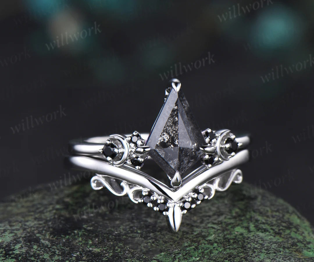 Kite cut salt and pepper diamond engagement ring Moon black diamond ring women unique anniversary gift