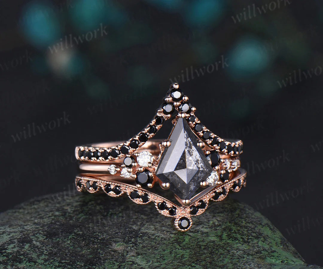 Unique kite cut salt and pepper diamond engagement ring rose gold snowdrift black diamond stacking wedding ring set women